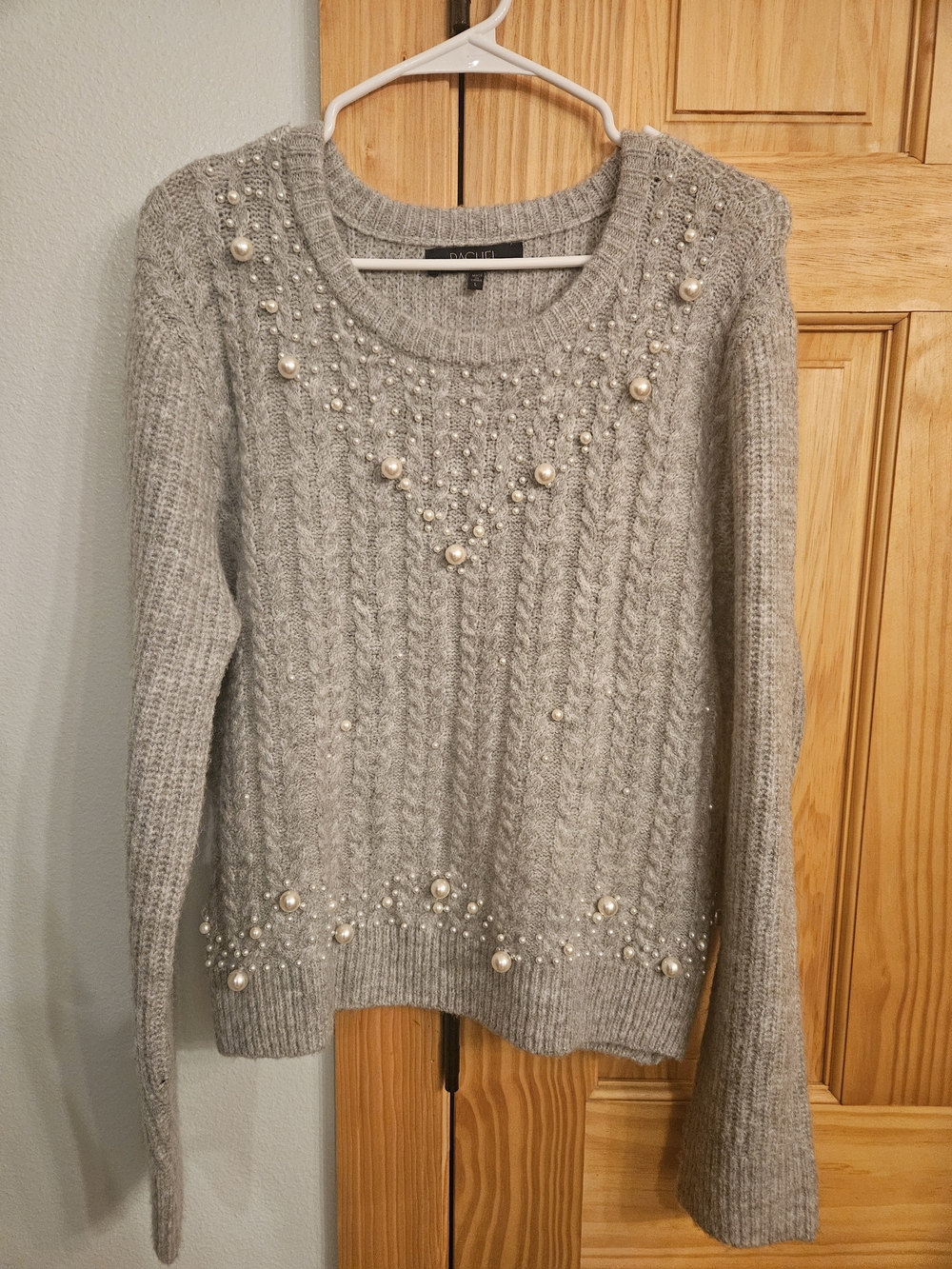 Rachel Gray Pearl-Embellished Cable Knit Sweater
